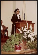 [Rosa Parks speaking at podium, likely at the dedication of Graham and Parks Alternative Public School, Cambridge, Massachusetts] [graphic].