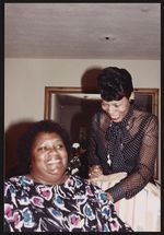 [Elaine Steele and unidentified woman in Monterey, California for Black History Month program at Monterey Peninsula College, 1990] [graphic].