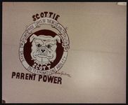[Photograph showing a bulldog mascot "Scott"with the words "Scottie Parent Power", 1990] [graphic].