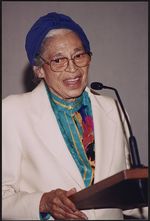 [Rosa Parks speaking at a microphone] [graphic].