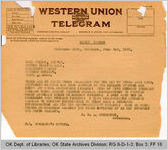 Telegram Governor James B. A. Robertson to Nick Chiles, Editor Topeka Plainsdealers, 1921 June 3