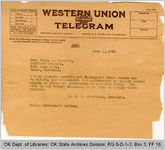 Telegram Governor James B. A. Robertson to Chas F. Barrett, Adjutant General, 1921 June 1