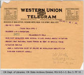 Telegram John A. Gustafson, Chief of Police, Tulsa to Governor James B. A. Robertson, 1921 June 1