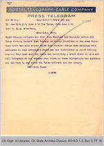 Telegram New York Times to Governor James B. A. Robertson, 1921 June 2