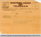 Telegram Chas F. Barrett, Adjutant General to Governor James B. A. Robertson, 1921 June 1