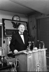 USC President Thomas F. Jones at integration press conference