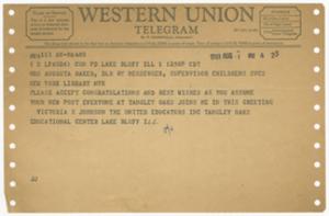 Telegram, 1961, Victoria S. Johnson to Augusta Baker