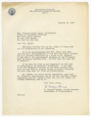 Letter, 1960, H. Carolyn Howard to Frances Lander Spain