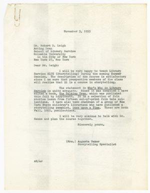 Letter, 1955, Augusta Baker to Robert D. Leigh