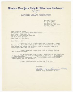 Letter, 1961, Sister Mary Bernice to Augusta Baker