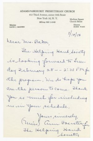 Letter, 1956, Anne Forester to Augusta Baker