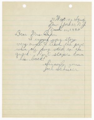 Letter, Children's Writings, 1955, Joel Schesser to Augusta Baker