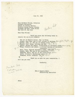 Letter, 1958, Augusta Baker to Darthula Wilcox