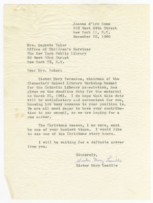 Letter, 1960, Sister Mary Lucille to Augusta Baker