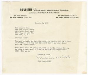 Letter, 1956, Marie Wild to Augusta Baker