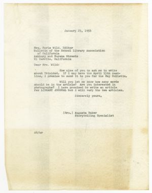 Letter, 1956, Augusta Baker to Marie Wild