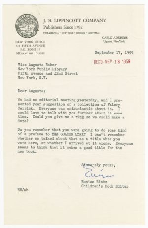 Letter, 1959, Eunice Blake to Augusta Baker