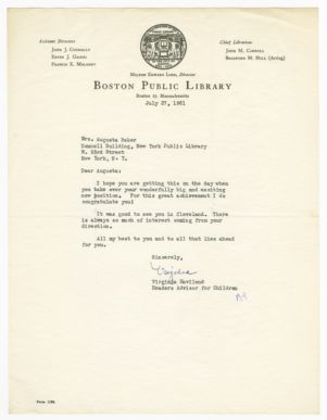 Letter, 1961, Virginia Haviland to Augusta Baker