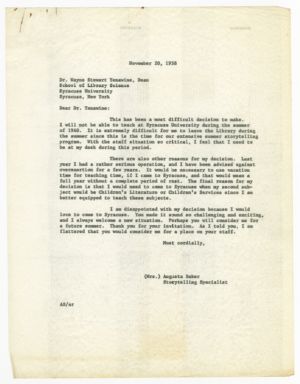 Letter, 1958, Augusta Baker to Wayne S. Yenawine