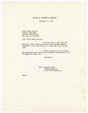 Letter, 1960, Augusta Baker to Sister Mary Lucille
