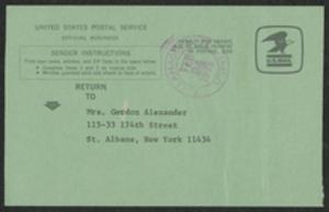 Return Receipt, 1975, Lelia G. Rhodes to Augusta Baker