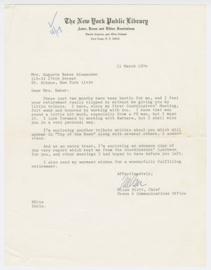 Letter, 1974, Milan Stitt to Augusta Baker