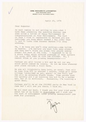 Letter, 1974, Mary Cohn Livingston to Augusta Baker