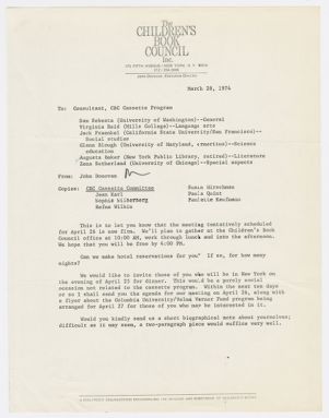 Memo, 1974, John Donovan to Consultants of the CBC Cassette Program