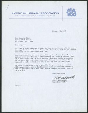 Letter, 1975, Robert Wedgeworth to Augusta Baker