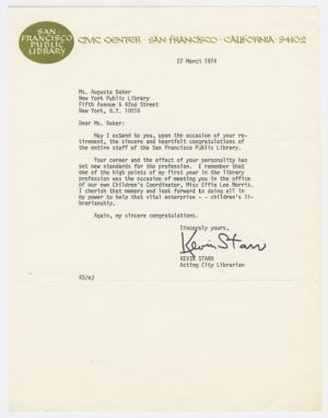Letter, 1974, Kevin Starr to Augusta Baker