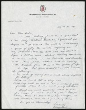 Letter, 1980, Mary Leslie to Augusta Baker