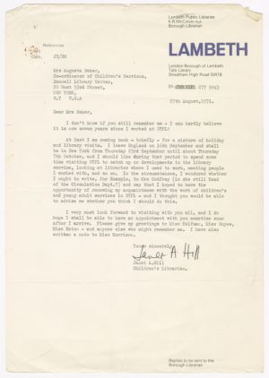 Letter, 1971, Janet A. Hill to Augusta Baker