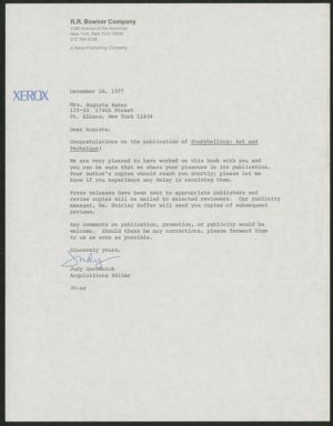 Letter, 1977, Judy Garodnick to Augusta Baker