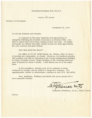 Letter, 1979, Nathaniel Gottesman to Patients and Friends