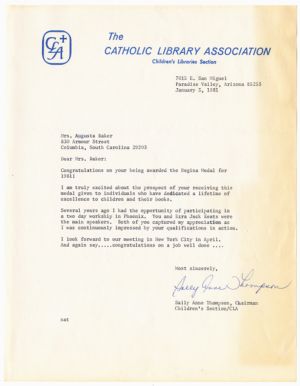 Letter, 1981, Sally Anne Thompson to Augusta Baker