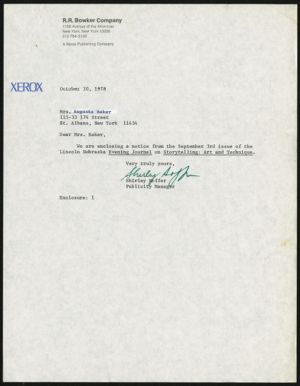 Letter, 1978, Shirley Soffer to Augusta Baker