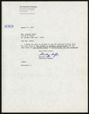 Letter, 1979, Shirley Soffer to Augusta Baker