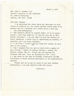 Letter, 1978, Augusta Baker to John V. Newman