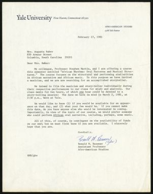 Letter, 1981, Ronald M. Rassner to Augusta Baker