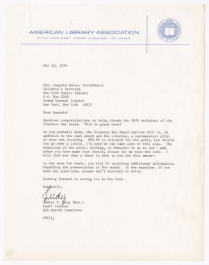 Letter, 1974, Judith F. Krug to Augusta Baker