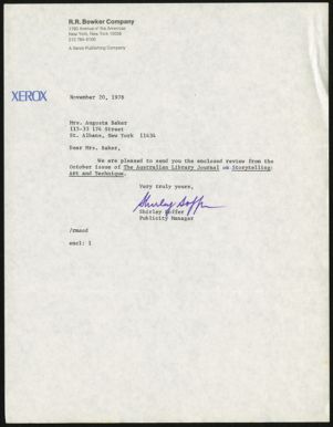 Letter, 1978, Shirley Soffer to Augusta Baker