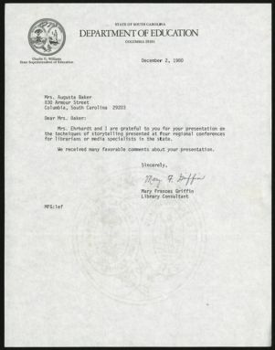 Letter, 1980, Mary Frances Griffin to Augusta Baker
