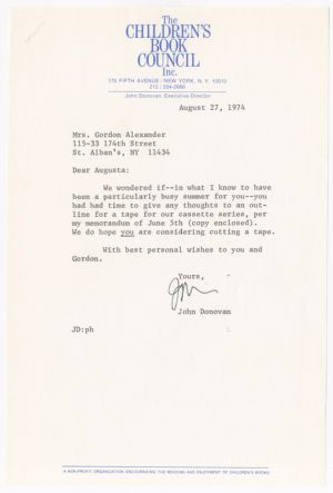 Letter, 1974, John Donovan to Augusta Baker