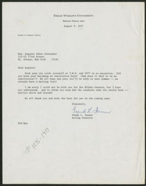 Letter, 1977, Frank L. Turner to Augusta Baker