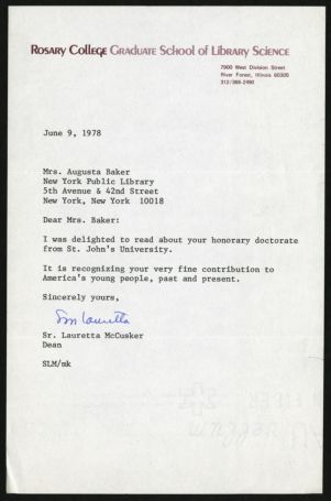 Letter, 1978, Lauretta McCusker to Augusta Baker
