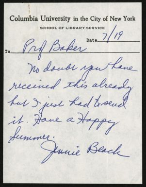 Note, Jennie Black to Augusta Baker