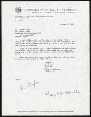 Letter, 1980, John A. McCrossan to Augusta Baker