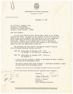 Letter, 1980, Carolyn S. Dorrell to William F. Summers