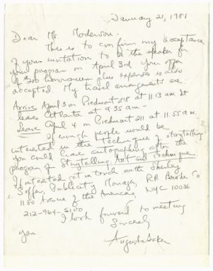 Letter, 1981, Augusta Baker to LuAnn M. Moderson