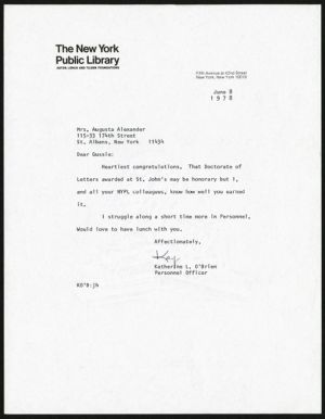Letter, 1978, Katherine L. O'Brien to Augusta Baker
